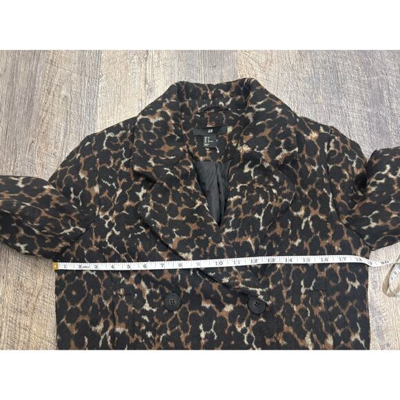 HM Womens Leopard Print Wool Blend Double Breasted Pea Coat Brown Black Size 2 - Picture 4 of 6